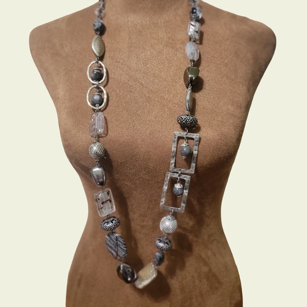 Chico's Silver Tone Mixed Bead‎ Geometric Statement Necklace Boho Y2K